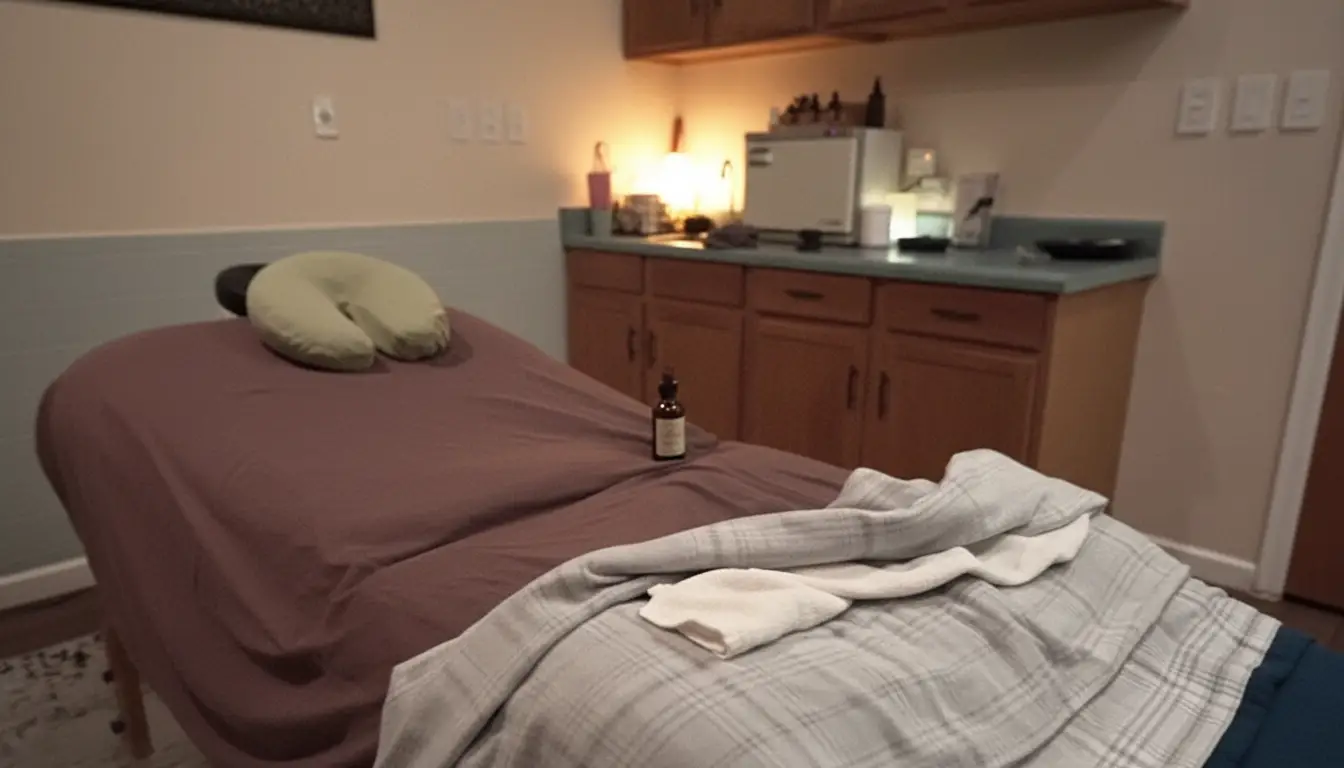 The head of a plum-sheeted massage table with a green face cradle and a bottle of massage oil, lamp glowing on the counter behind