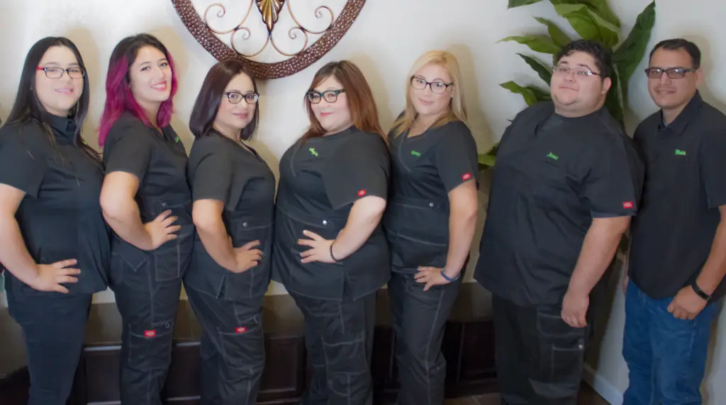 The Fluid Energies team: seven people in matching dark scrubs in front of a scrollwork panel